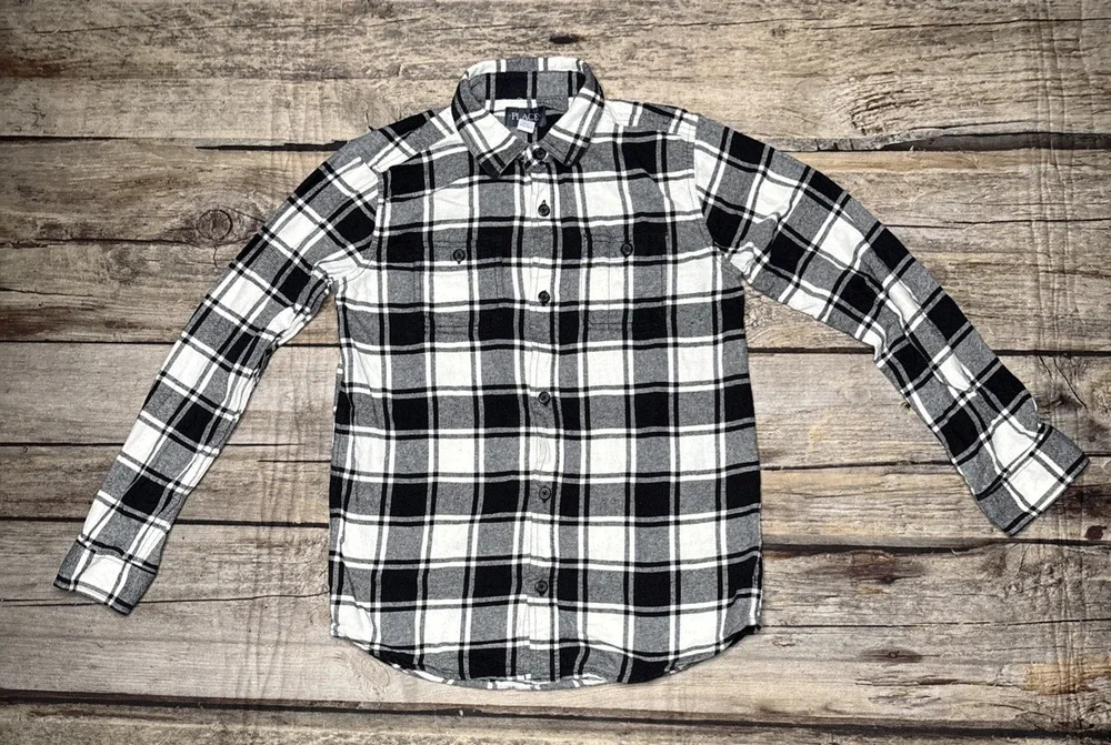Place Black White Plaid Flannel Long Sleeve Button Up Shirt Boys XL